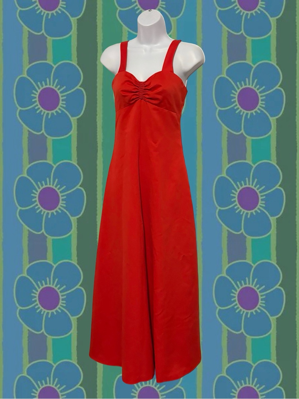 Vintage Red Sleeveless Maxi Dress with Ruched Bodice